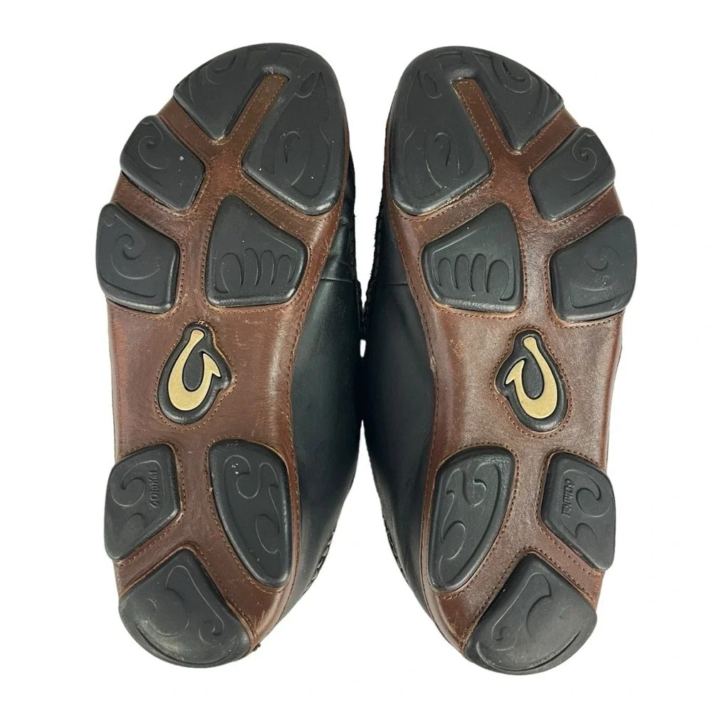 Olukai Maloa Loafers‎ Mens 9.5 Black Leather Back Drop Heels Shoes
